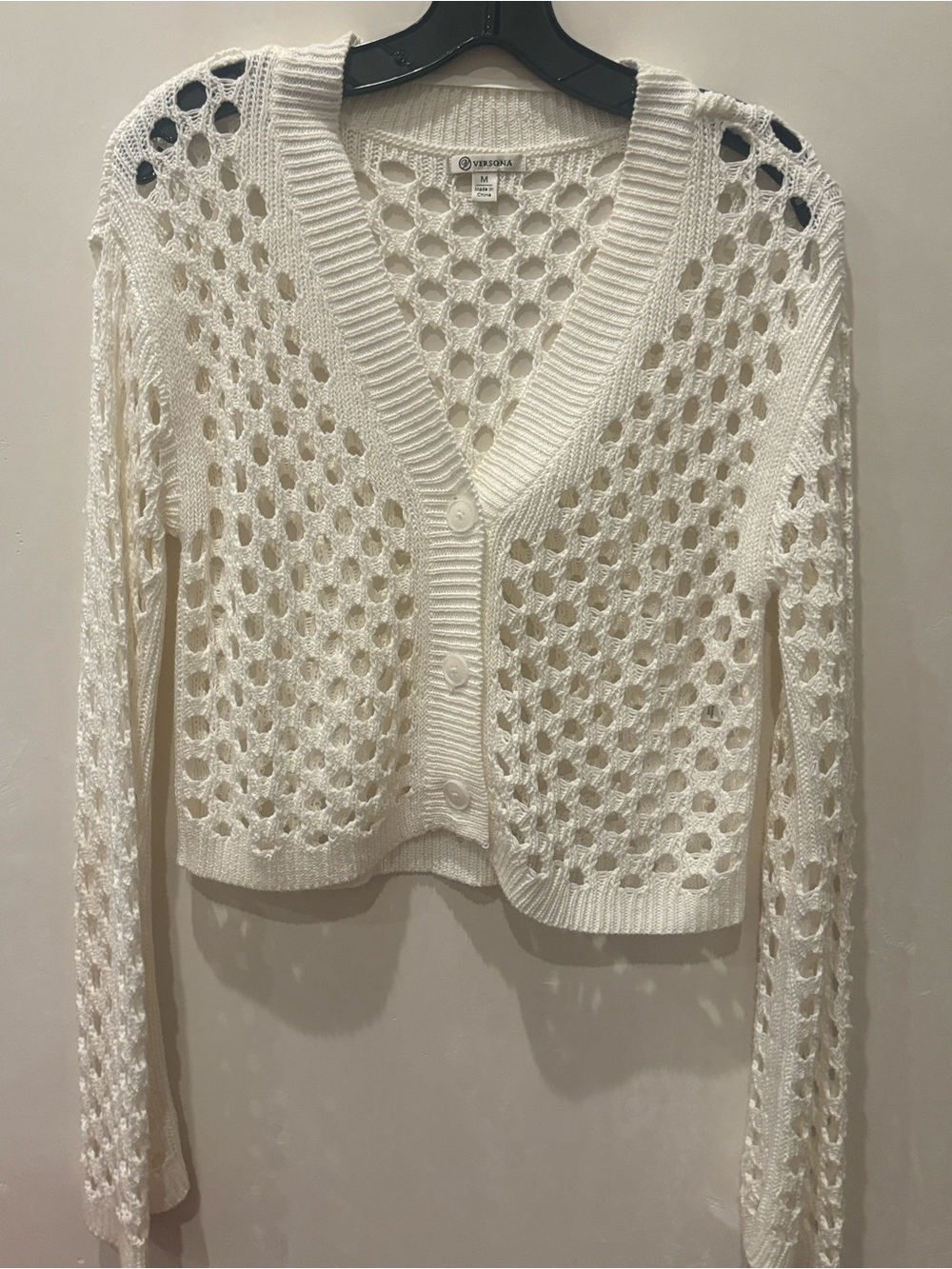 VERSONA Lucas Cardigan Open Knit V-Neck Cardigan in White Medium Like New